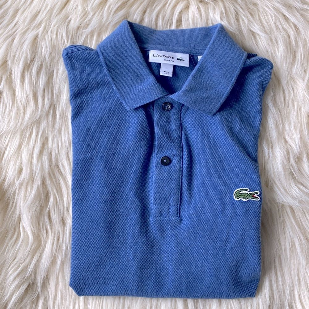 LACOSTE Damen Polo Shirt Slim Fit Signature Logo Embroidered Blue Cotton Sz S